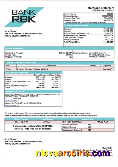 Kazakhstan Bank RBK mortgage statement Word and PDF template
